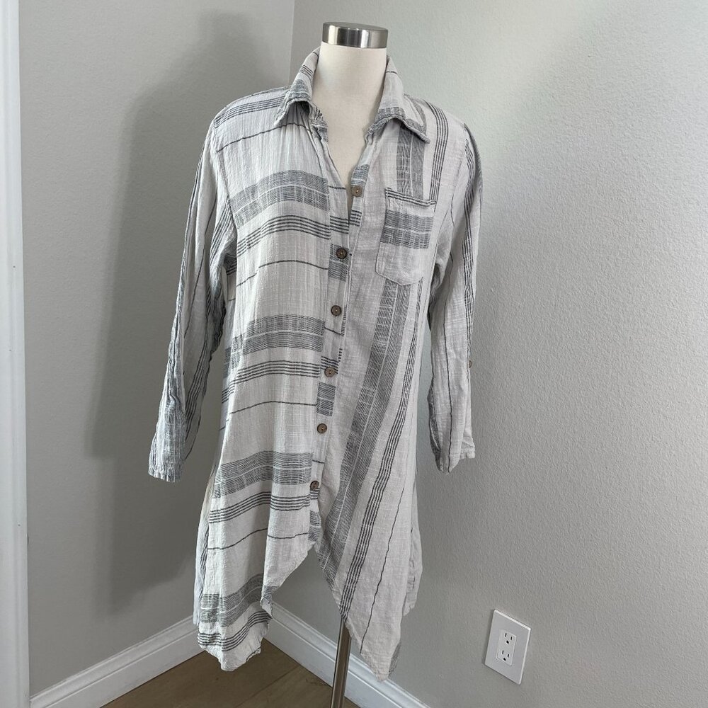 Saga Womens OS Made In Italy 100% Linen Striped Long Shirt Tunic Top Button Back